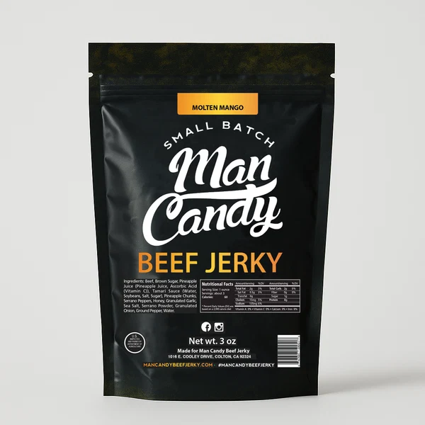 Man Candy Molten Mango Beef Jerky with Juicy Mango Sweetness and Fiery Heat - Bold Sweet Spicy Jerky Tropical beef jerky High Protein Premium BBQ Beef Jerky Snack for Beach Days Hiking and Outdoor Adventures