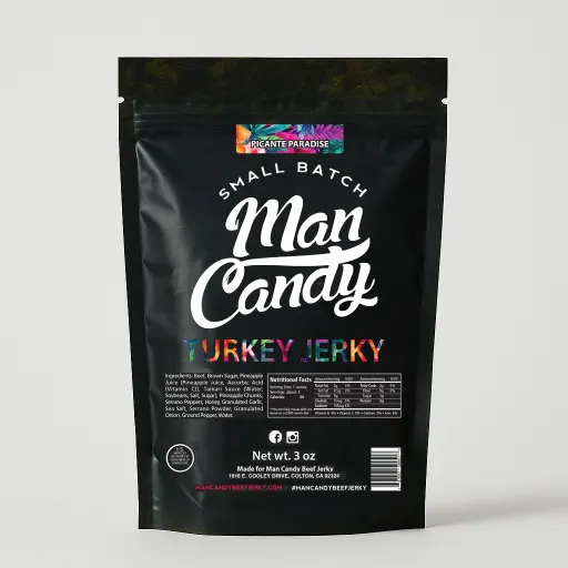 Man Candy Picante Paradise Turkey Jerky Snack with Real Pineapple Pepper Jerky Sweetness and Fiery Serrano Pepper Heat - Bold Sweet Spicy Jerky Tropical High Protein Turkey Jerky Snack for Hiking Beach Days and BBQ Cookouts