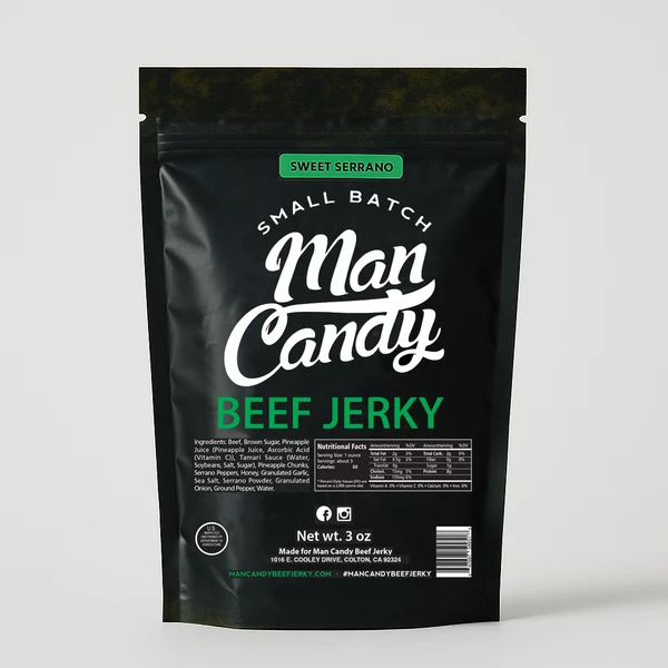 Man Candy Sweet Serrano Jerky with Bold Serrano Pepper Jerky Heat and Honey Pepper Jerky Sweetness - Perfectly Balanced Sweet Spicy High Protein Premium BBQ Beef Jerky Snack for Hiking Workouts Golf and Outdoor Adventures