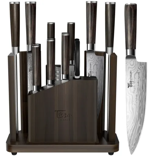 SYOKAMI 15 Piece Kitchen Knife Set with Detachable Magnetic Knife Block Built-In Sharpener Damascus Pattern High Carbon Steel Blades and Wood Handles - BBQ Knife Set-Steak Knife Block