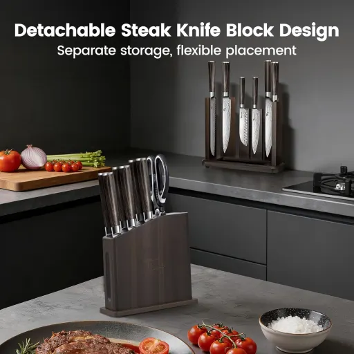 SYOKAMI 15 Piece Kitchen Knife Set with Detachable Magnetic Knife Block Built-In Sharpener Damascus Pattern High Carbon Steel Blades and Wood Handles - BBQ Knife Set-Steak Knife Block