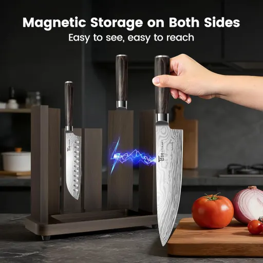 SYOKAMI 15 Piece Kitchen Knife Set with Detachable Magnetic Knife Block Built-In Sharpener Damascus Pattern High Carbon Steel Blades and Wood Handles - BBQ Knife Set-Steak Knife Block