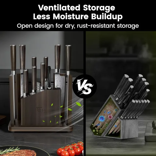 SYOKAMI 15 Piece Kitchen Knife Set with Detachable Magnetic Knife Block Built-In Sharpener Damascus Pattern High Carbon Steel Blades and Wood Handles - BBQ Knife Set-Steak Knife Block