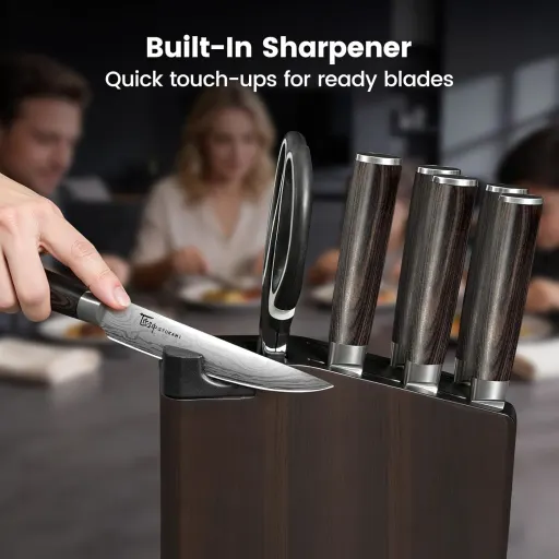 SYOKAMI 15 Piece Kitchen Knife Set with Detachable Magnetic Knife Block Built-In Sharpener Damascus Pattern High Carbon Steel Blades and Wood Handles - BBQ Knife Set-Steak Knife Block