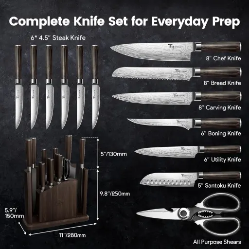 SYOKAMI 15 Piece Kitchen Knife Set with Detachable Magnetic Knife Block Built-In Sharpener Damascus Pattern High Carbon Steel Blades and Wood Handles - BBQ Knife Set-Steak Knife Block
