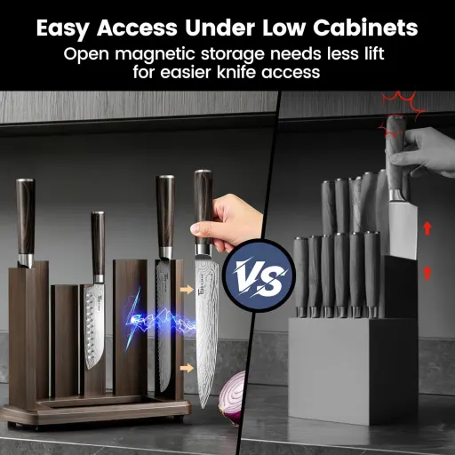 SYOKAMI 15 Piece Kitchen Knife Set with Detachable Magnetic Knife Block Built-In Sharpener Damascus Pattern High Carbon Steel Blades and Wood Handles - BBQ Knife Set-Steak Knife Block