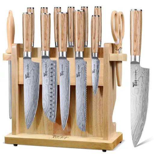 SYOKAMI 14 Piece Japanese Kitchen Knife Set with Torii Style FSC Certified Magnetic Knife Block German DIN1.4116 Steel Blades and Exotic Pakkawood Handle Knives - 2026 Upgrade BBQ Kitchen Knife Gift Set