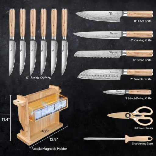 SYOKAMI 14 Piece Japanese Kitchen Knife Set with Torii Style FSC Certified Magnetic Knife Block German DIN1.4116 Steel Blades and Exotic Pakkawood Handle Knives - 2026 Upgrade BBQ Kitchen Knife Gift Set