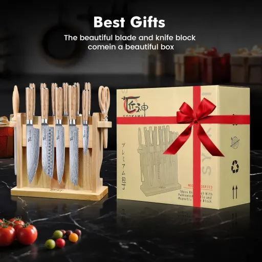 SYOKAMI 14 Piece Japanese Kitchen Knife Set with Torii Style FSC Certified Magnetic Knife Block German DIN1.4116 Steel Blades and Exotic Pakkawood Handle Knives - 2026 Upgrade BBQ Kitchen Knife Gift Set