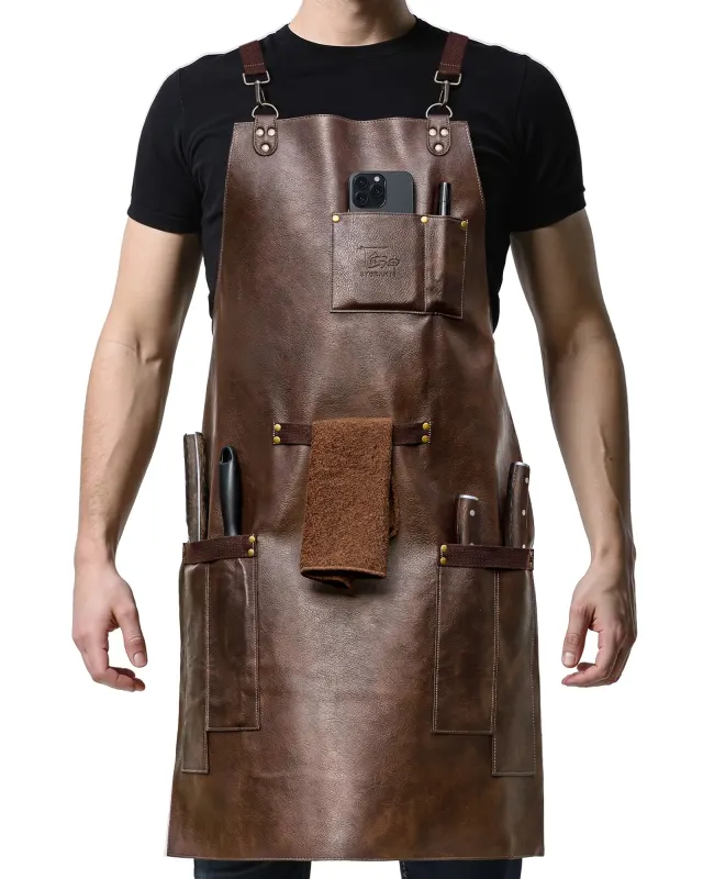 SYOKAMI Bonded Leather Chef Cooking Apron for Men with cross back ergonomic design, multiple reinforced pockets, waterproof and oil resistant for BBQ grilling and kitchen cooking, leather chef apron