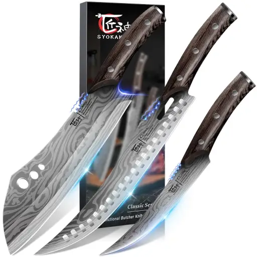 SYOKAMI 3 Piece Butcher Knife Set with 10 Inch Butcher Knife 10.5 Inch boning Carving Knife and 6.5 Inch Boning Knife - High Carbon Steel Japanese Style BBQ Pitmaster Knife Set with Wenge Wood Handle - BBQ Knife Set