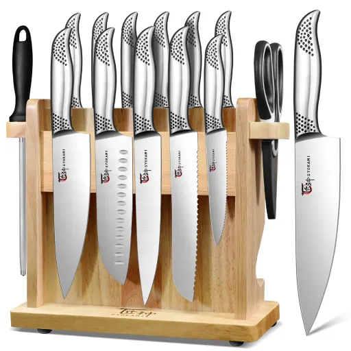 SYOKAMI 14 Piece Kitchen Japanese Knife Set with Powerful Magnetic knife Block and Built-In Sharpener - High Carbon Knives Steel Black Dot Ergonomic Handle BBQ Kitchen Knife Gift Set - Wood