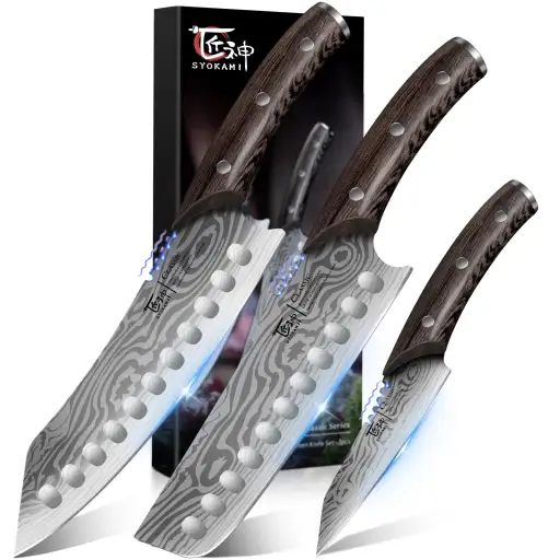 SYOKAMI 3 Piece Japanese Chef Knife Set with 8.2 Inch Kiritsuke 7.2 Inch Nakiri and 4 Inch Paring Knife - Damascus Pattern German Steel Full Tang FSC Wood Handle BBQ Cooking Gift. Kiritsuke knive set.