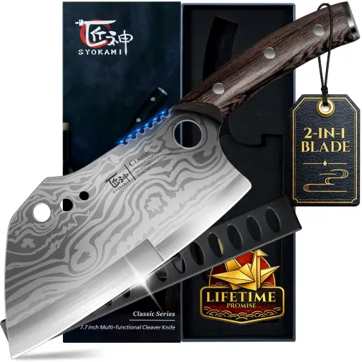 SYOKAMI 7.7 Inch Meat Cleaver Knife with Damascus Pattern High Carbon Steel Dual Zone Blade Wenge Wood Handle Sheath and Herb Stripper - Heavy Duty Cleaver - BBQ Bone Chopping Knife