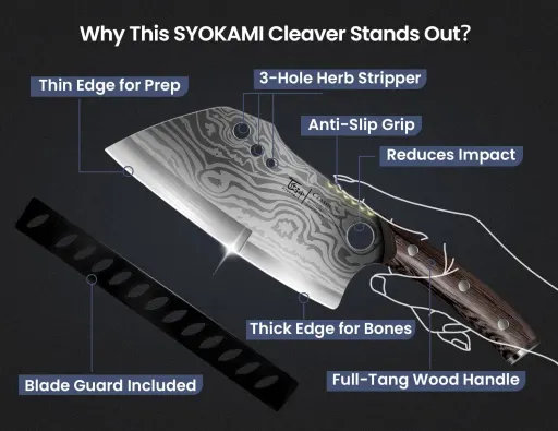 SYOKAMI 7.7 Inch Meat Cleaver Knife with Damascus Pattern High Carbon Steel Dual Zone Blade Wenge Wood Handle Sheath and Herb Stripper - Heavy Duty Cleaver - BBQ Bone Chopping Knife