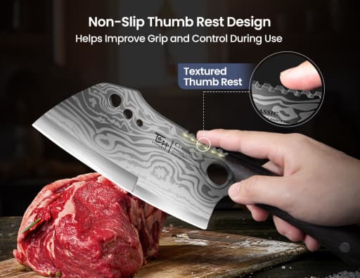 SYOKAMI 7.7 Inch Meat Cleaver Knife with Damascus Pattern High Carbon Steel Dual Zone Blade Wenge Wood Handle Sheath and Herb Stripper - Heavy Duty Cleaver - BBQ Bone Chopping Knife