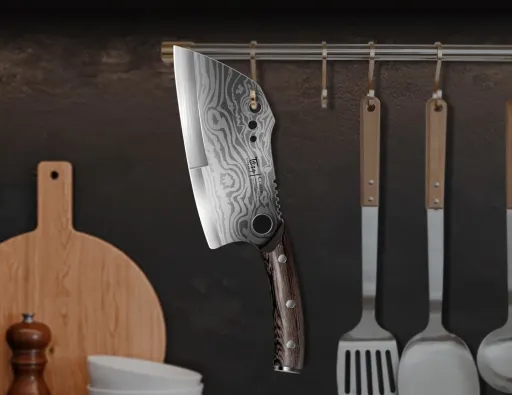 SYOKAMI 7.7 Inch Meat Cleaver Knife with Damascus Pattern High Carbon Steel Dual Zone Blade Wenge Wood Handle Sheath and Herb Stripper - Heavy Duty Cleaver - BBQ Bone Chopping Knife