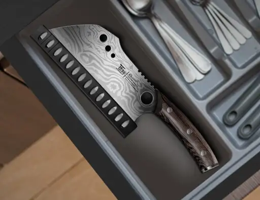 SYOKAMI 7.7 Inch Meat Cleaver Knife with Damascus Pattern High Carbon Steel Dual Zone Blade Wenge Wood Handle Sheath and Herb Stripper - Heavy Duty Cleaver - BBQ Bone Chopping Knife