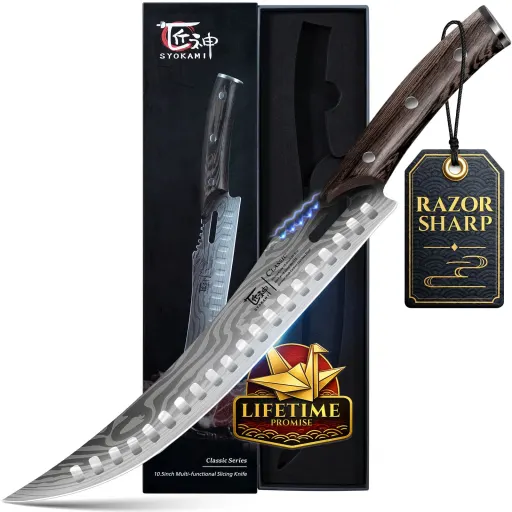 SYOKAMI 10.5 Inch Curved Carving Knife with Damascus Pattern High Carbon Steel Blade Full Tang Wenge Wood Handle and Thickness Guide Hole - BBQ Pitmaster Brisket Knife - Butcher Breaking Knife Gift