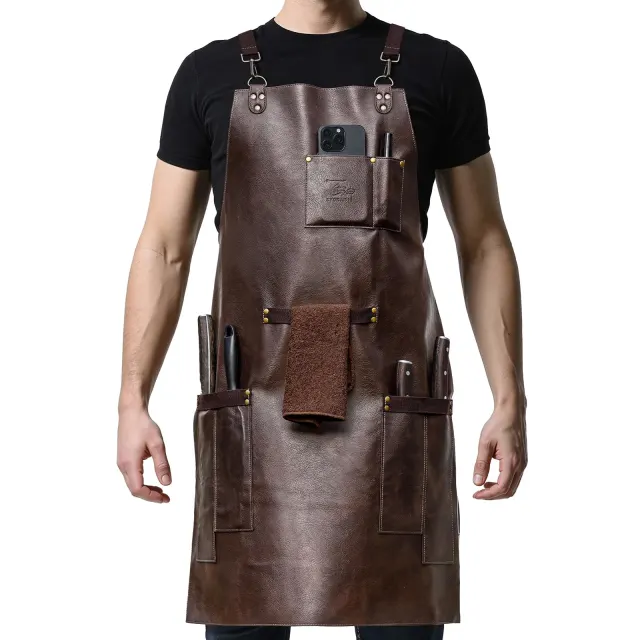 SYOKAMI Synthetic Leather Chef Cooking Apron for Men with cross back ergonomic design multiple reinforced pockets waterproof and oil resistant for BBQ grilling and kitchen cooking with synthetic leather apron
