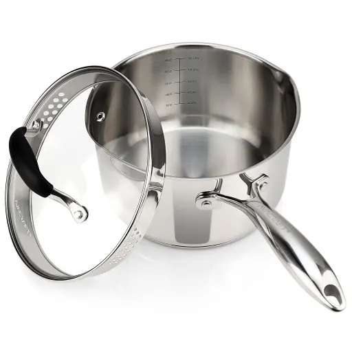 AVACRAFT 3.5 Quart Stainless Steel Saucepan with Glass Strainer Lid - BBQ Sauce Pot for Gas and Induction Cooktops
