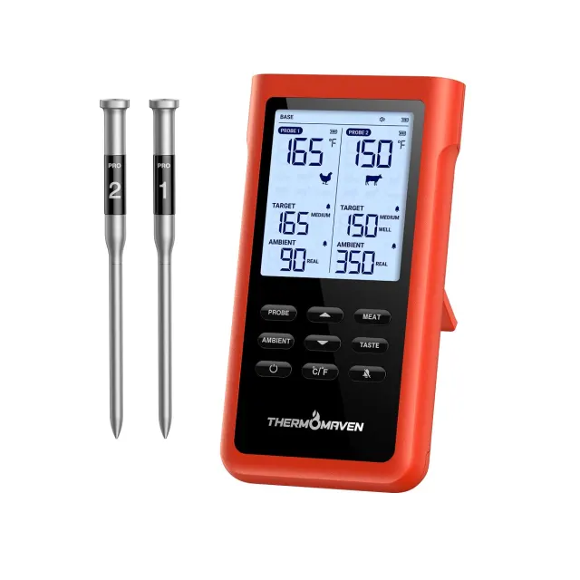 ThermoMaven X2 Smart Wireless Meat Thermometer with dual probes and large LCD display base for BBQ grilling and smoking