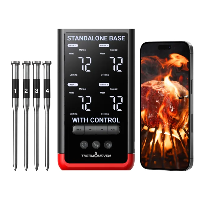 ThermoMaven P4 Wireless Meat Thermometer with 4 probes and smart display base for BBQ grilling and smoking