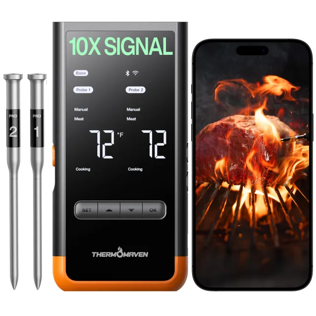 ThermoMaven G2 Smart Wireless Meat Thermometer with dual probes and standalone display base for BBQ grilling and smoking