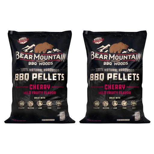 Bear Mountain 2-Pack Cherry Flavor All Natural Hardwood BBQ Wood Pellets 40 Pounds Total for Pellet Smokers Gas Charcoal and Electric Grills - Fruity Smoky BBQ Cherry Wood Pellets